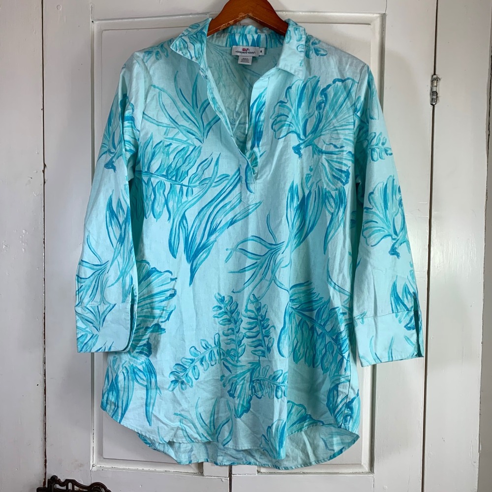 Vineyard Vines Womens Blue Tropical Leaf Linen Cotton Popover Tunic Top M Resort